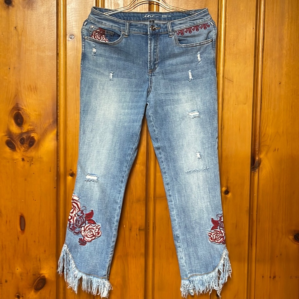 Inc Skinny Leg Embroidered Distressed Denim Jeans, Size 12